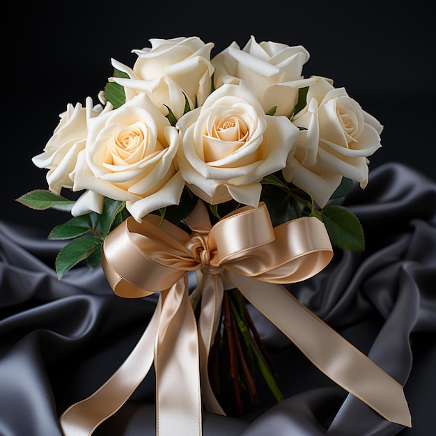Um buquê de rosas brancas com uma fita amarrada no laço.