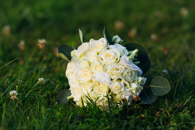 Um buquê de rosas brancas fica na grama verde