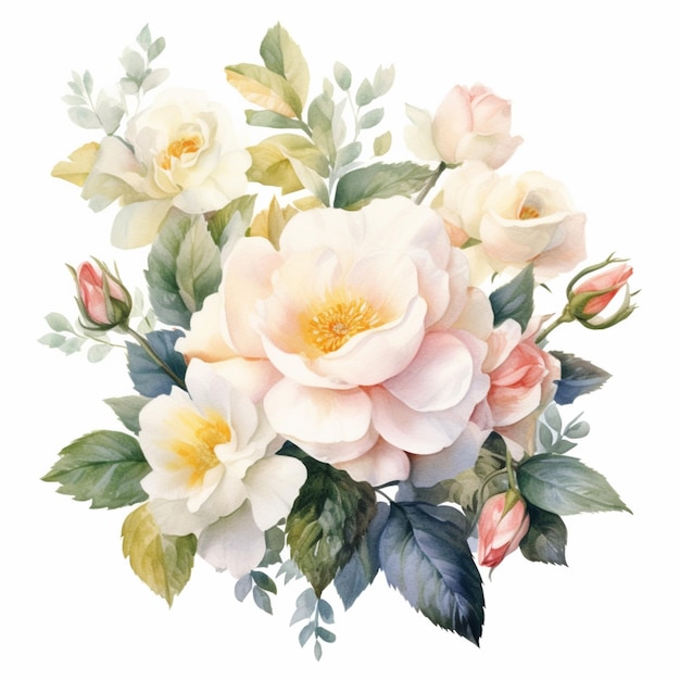 Um buquê de rosas com folhas e flores