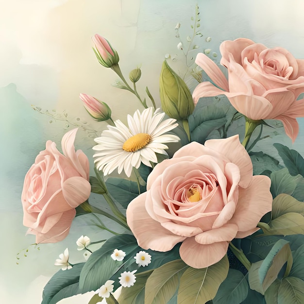 Um buquê de rosas com uma flor branca no meio.