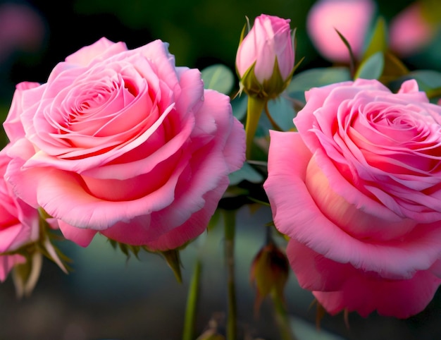 um buquê de rosas cor-de-rosa com folhas verdes e rosas rosas