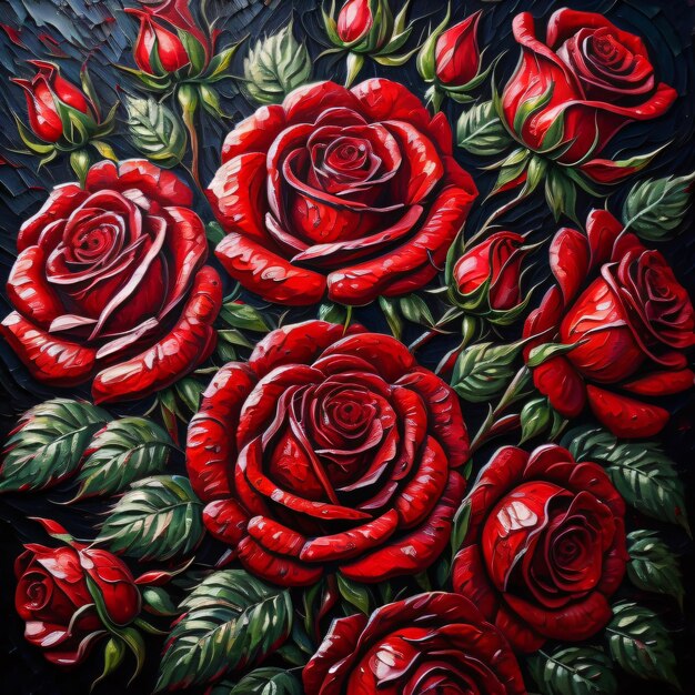 Foto um buquê de rosas é exibido em uma pintura.