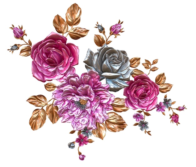 Um buquê de rosas e folhas em um fundo branco.