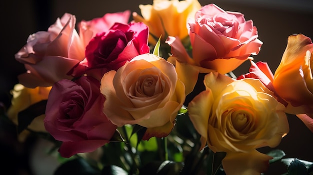 Um buquê de rosas é mostrado com a palavra amor no canto inferior esquerdo.