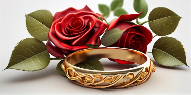 Um buquê de rosas e um anel de ouro