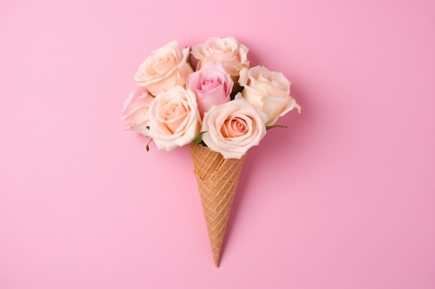 Um buquê de rosas em um cone de waffle em um fundo rosa