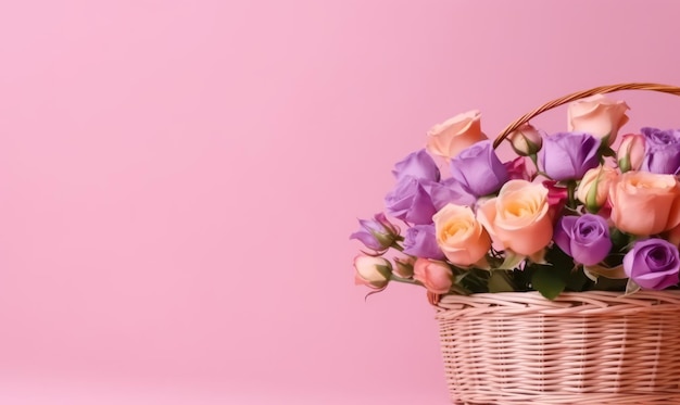 Um buquê de rosas em uma cesta de palha em um fundo rosa com espaço de cópia vazio Conceito de Dia dos Namorados Vista lateral Criado por ferramentas generativas de IA