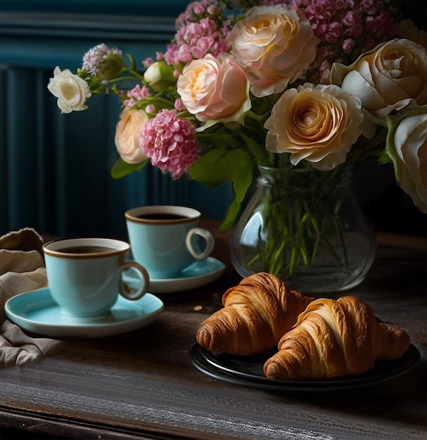 Um buquê de rosas está ao lado de dois croissants e uma xícara de café. Mesa de café da manhã. IA generativa