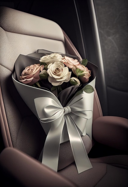 Um buquê de rosas está em um assento de carro gerado por IA