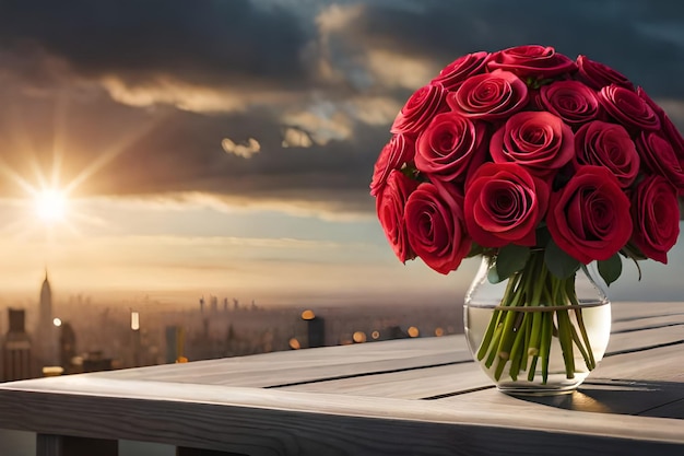 Um buquê de rosas está sobre uma mesa em frente a uma paisagem urbana.