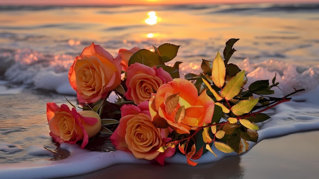 Um buquê de rosas fica na praia ao pôr do sol