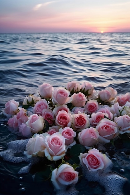 Um buquê de rosas flutuando na água.