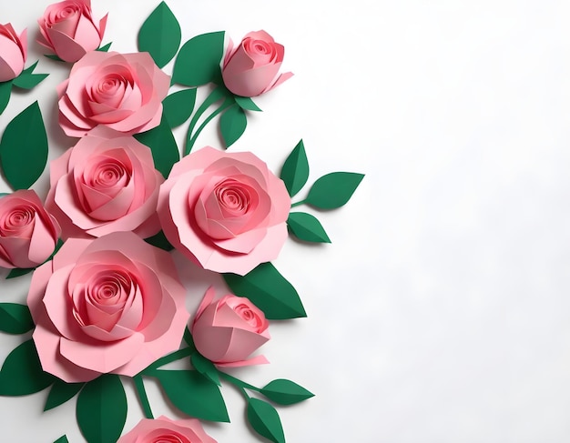 um buquê de rosas rosas com folhas verdes e um fundo branco