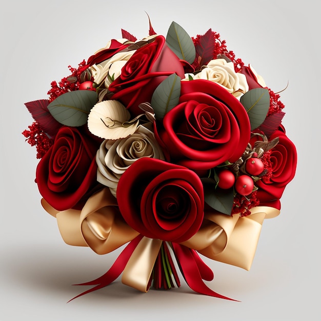Um buquê de rosas vermelhas com fita dourada e frutas vermelhas.