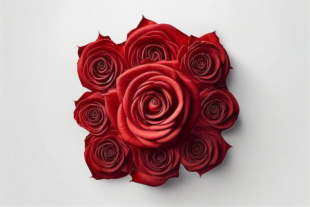 Um buquê de rosas vermelhas é exibido em um fundo branco.