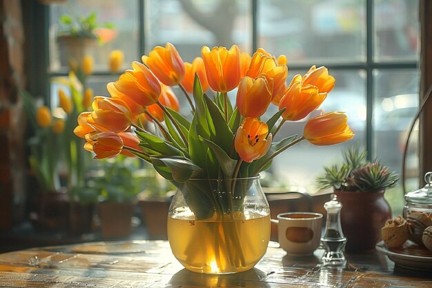 Um buquê de tulipas amarelas em um vaso perto da janela