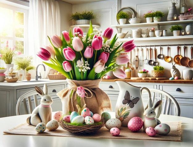 Um buquê de tulipas, coelhos de Páscoa e ovos na mesa em uma cozinha branca de estilo escandinavo