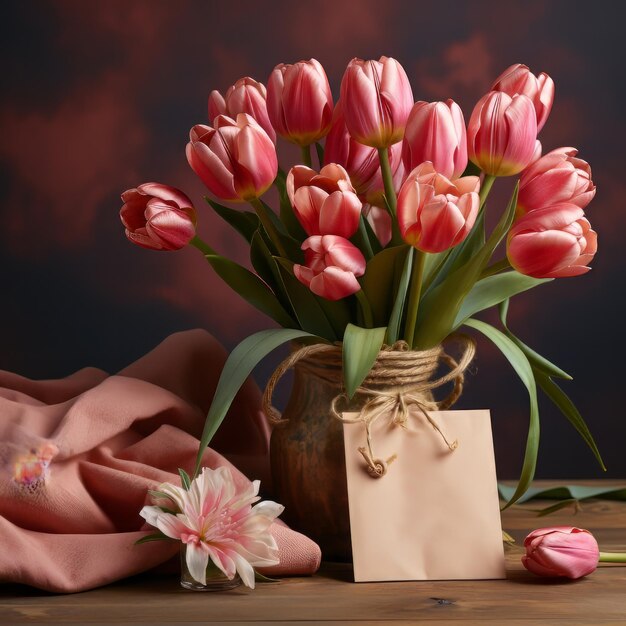 Um buquê de tulipas com inscrição de março feliz março th dia das mulheres dia das mães feliz Páscoa