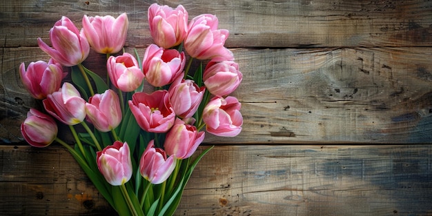 Foto um buquê de tulipas cor-de-rosa é arranjado em forma de coração em uma superfície de madeira as flores são o foco principal da imagem e a forma de coração adiciona um toque romântico e sentimental à cena