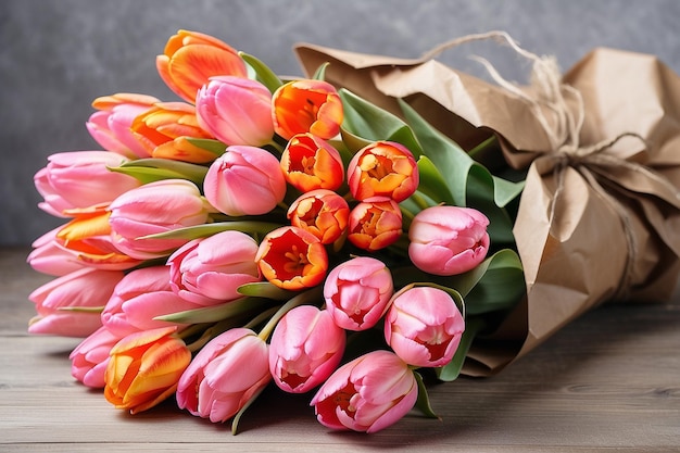 Um buquê de tulipas cor-de-rosa e laranja embrulhadas em papel
