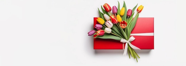 Foto um buquê de tulipas e uma caixa de presentes sobre um fundo branco
