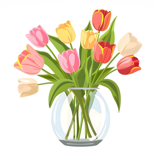 Um buquê de tulipas em um vaso de vidro em um estilo plano cartão de saudação para o Dia da Mãe Dia das Mulheres