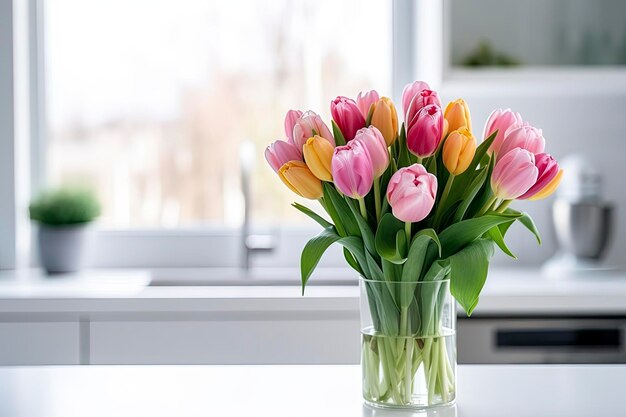Um buquê de tulipas em uma mesa branca