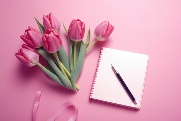 Um buquê de tulipas rosas e um caderno vazio Flores de primavera sobre o caderno aberto