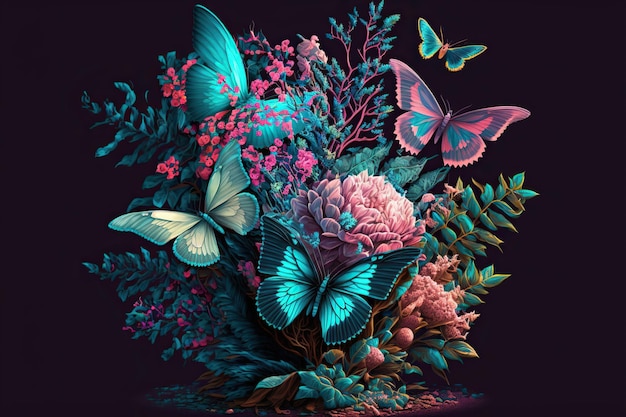 Um buquê ilustrado de flores com uma borboleta em cores neon Design brilhante