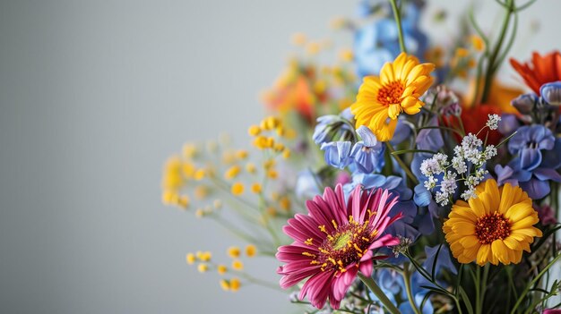 Um buquê vibrante de flores coloridas em um fundo cinza