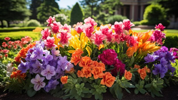 um buquê vibrante de flores multicoloridas em um ambiente formal