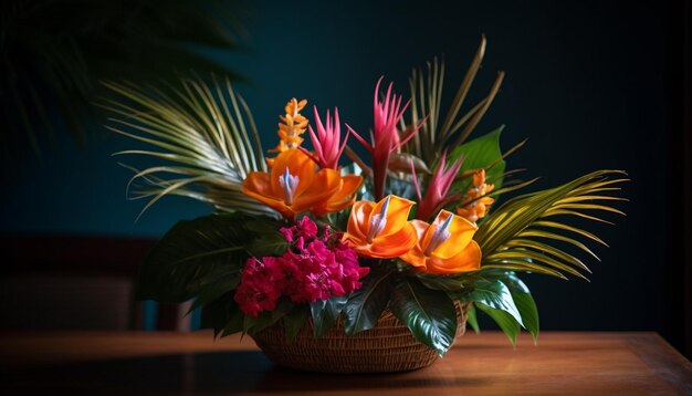 Um buquê vibrante de flores multicoloridas em um vaso de madeira gerado por ia