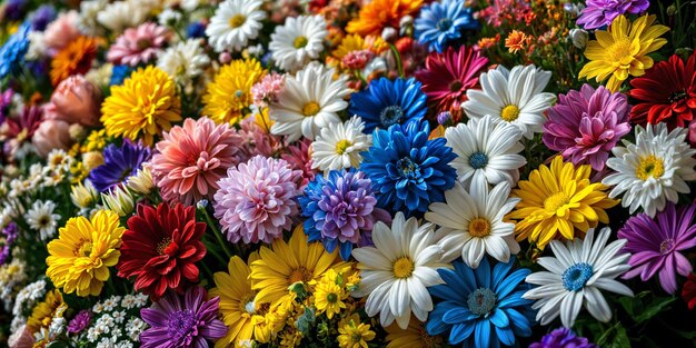 Um buquê vibrante e colorido de flores, com cada tipo de flor exibindo sua própria tonalidade única