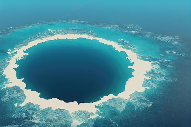 Um buraco azul no oceano com uma praia de areia branca e o fundo dela.