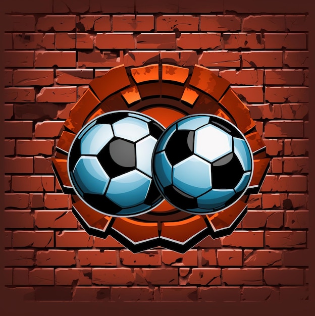 um buraco com bolas de futebol no centro e uma parede de tijolos com fundo de tijolos.
