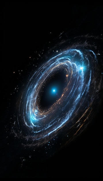 Um buraco negro é cercado por estrelas e tem um centro azul.