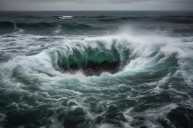 Um buraco no oceano é cercado por água e o oceano está coberto de espuma.