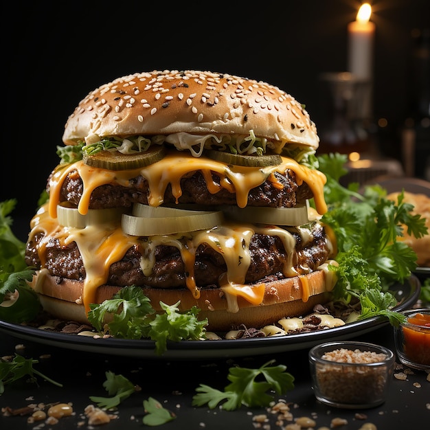 UM BURGER DE QUEIJO EM UM BONITO PRATO