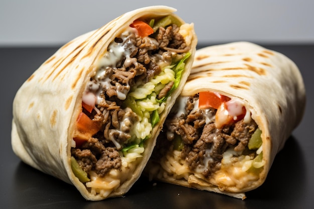 Um burrito com carne de vaca e milho