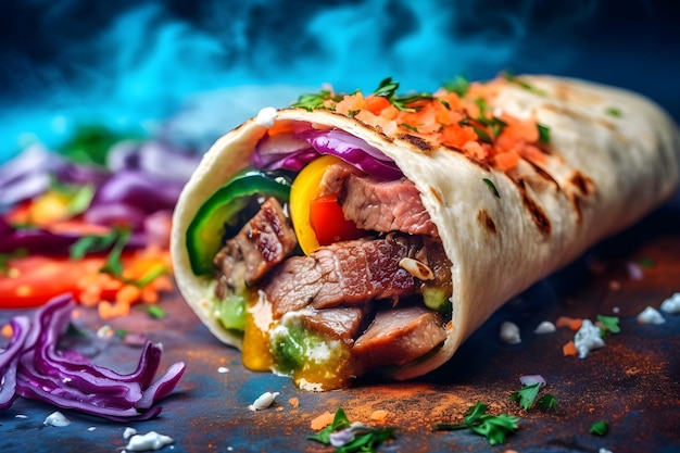 Um burrito com carne e legumes em um fundo azul