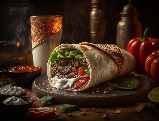 Um burrito com um wrap de hambúrguer