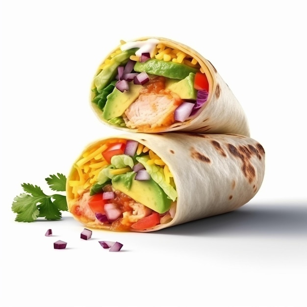 Um burrito com um wrap que diz 'abacate'