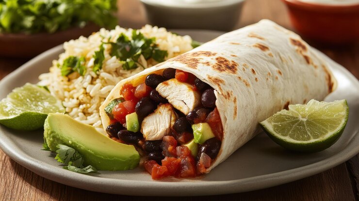 Foto um burrito mexicano picante cheio de frango grelhado, feijão preto, arroz e abacate servido com salsa e creme azedo