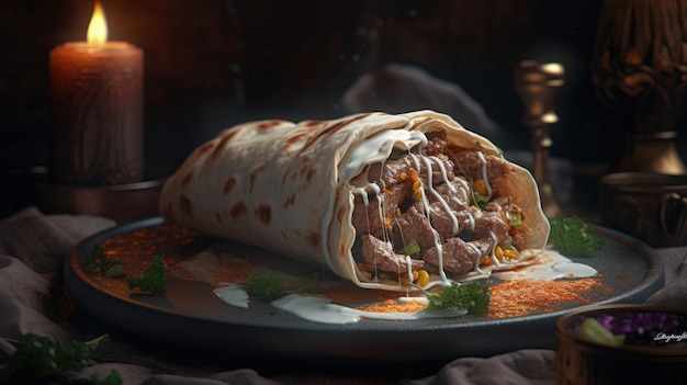 Um burrito shawarma com carne e cebola