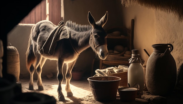 Um burro cozinhando comida para sua família em uma pequena