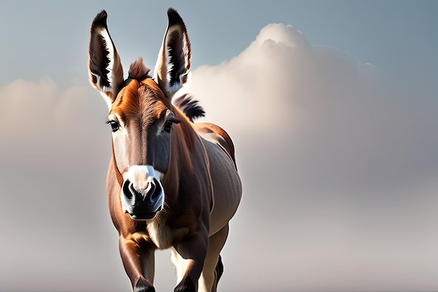 Um burro de rosto branco e orelhas pretas caminha em frente a um céu