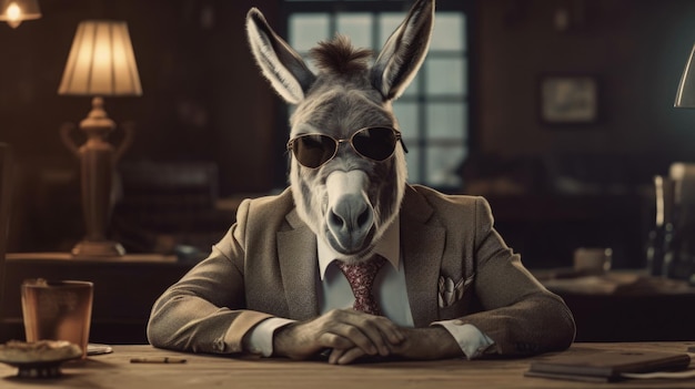 Um burro em uma fantasia de empresário em um escritório no local de trabalho um chefe em uma empresa Uma caricatura uma piada travesti engraçado Usando óculos generative AI