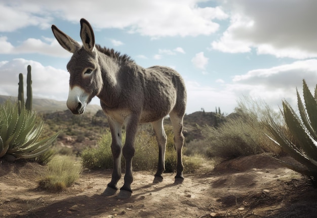 Um burro está em um caminho de terra em uma paisagem desértica.