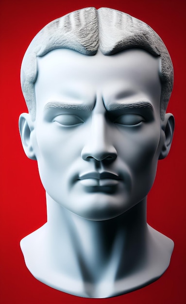 Foto um busto branco de um homem com um fundo vermelho