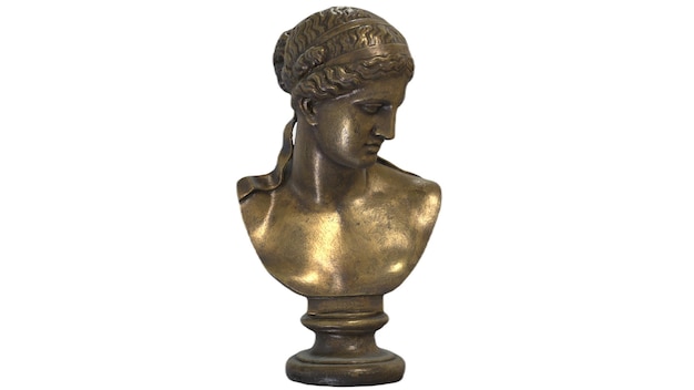Um busto de bronze de uma mulher com cabelos longos e rabo de cavalo.